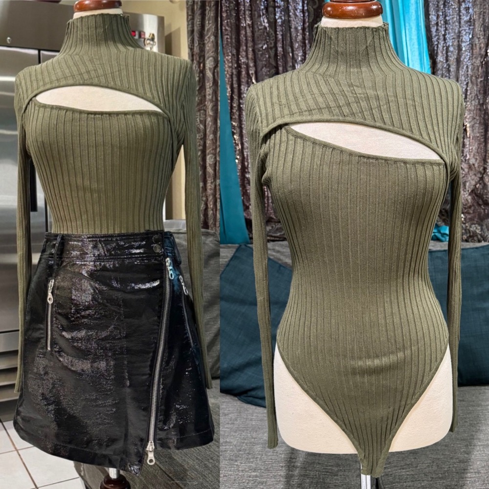 Fashion Nova Olive Green Ribbed Turtleneck Cutout Long Sleeve Bodysuit Size L‎